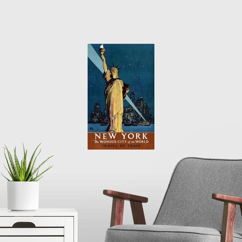 A modern room featuring Vintage Travel Poster Of The Statue Of Liberty With Boats, Skyline And Searchlight, 1927