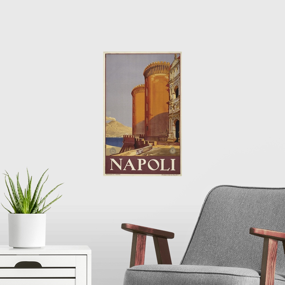 A modern room featuring Vintage Travel Poster Of Vesuvius And The Bay Of Naples From A Fortress, 1920