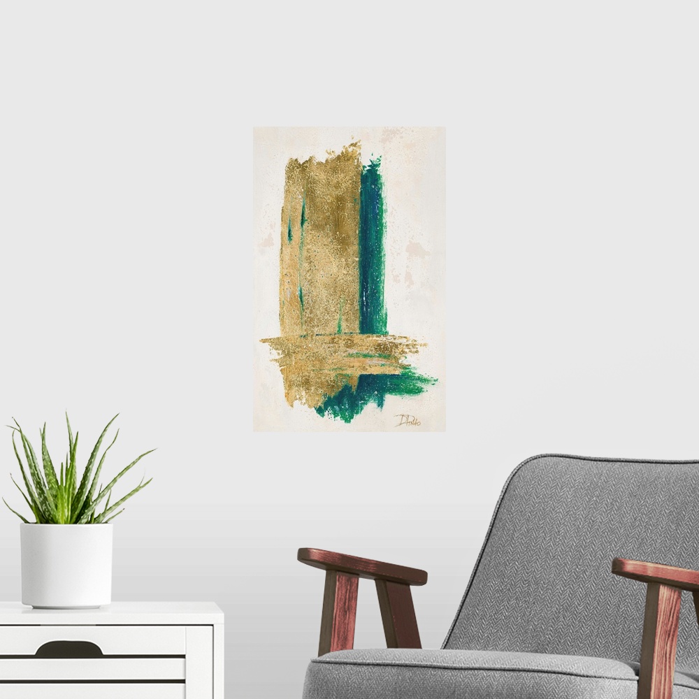 A modern room featuring Abstract painting with two brushstrokes creating an "L" shape in metallic gold with a teal underlay.
