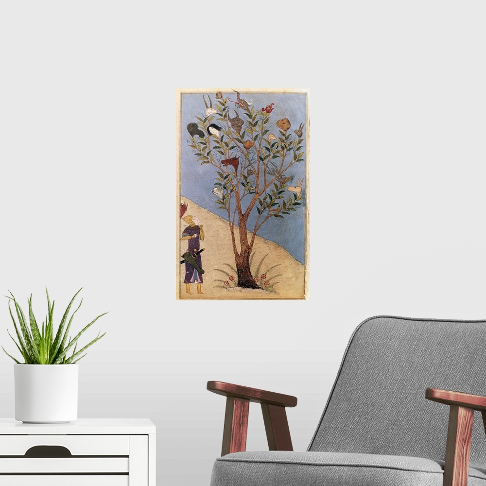 A modern room featuring Alexander the Great contemplates the Talking Tree during the end of his travels. Illumination fro...