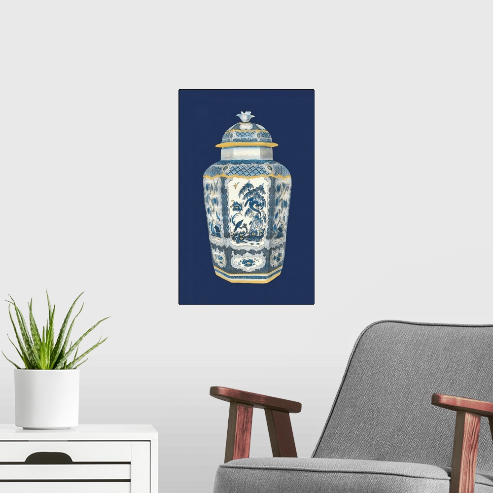 A modern room featuring Asian Urn in Blue and White II