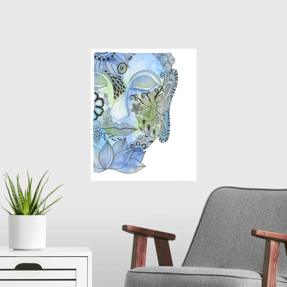 A modern room featuring Watercolor and ink painting of the face of Buddha, decorated with floral patterns.