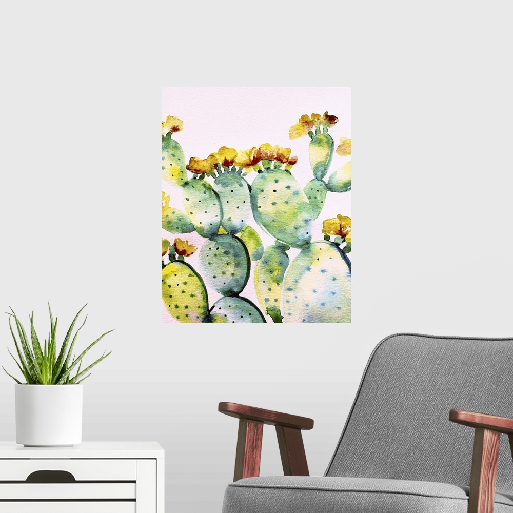 A modern room featuring Watercolor painting of a prickly pear cactus in shades of green, blue, yellow, and red on a white...