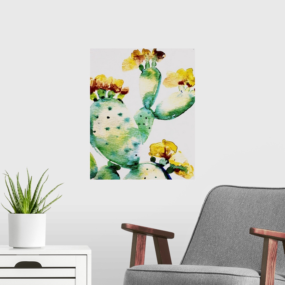 A modern room featuring Watercolor painting of a prickly pear cactus close up in shades of green, blue, yellow, and red o...