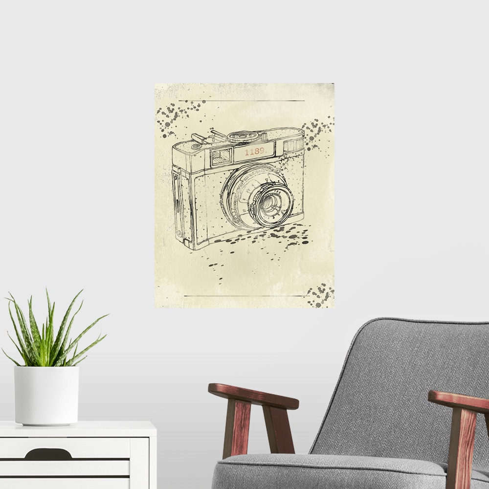 A modern room featuring Contemporary drawing of a camera in a quarter turned view.