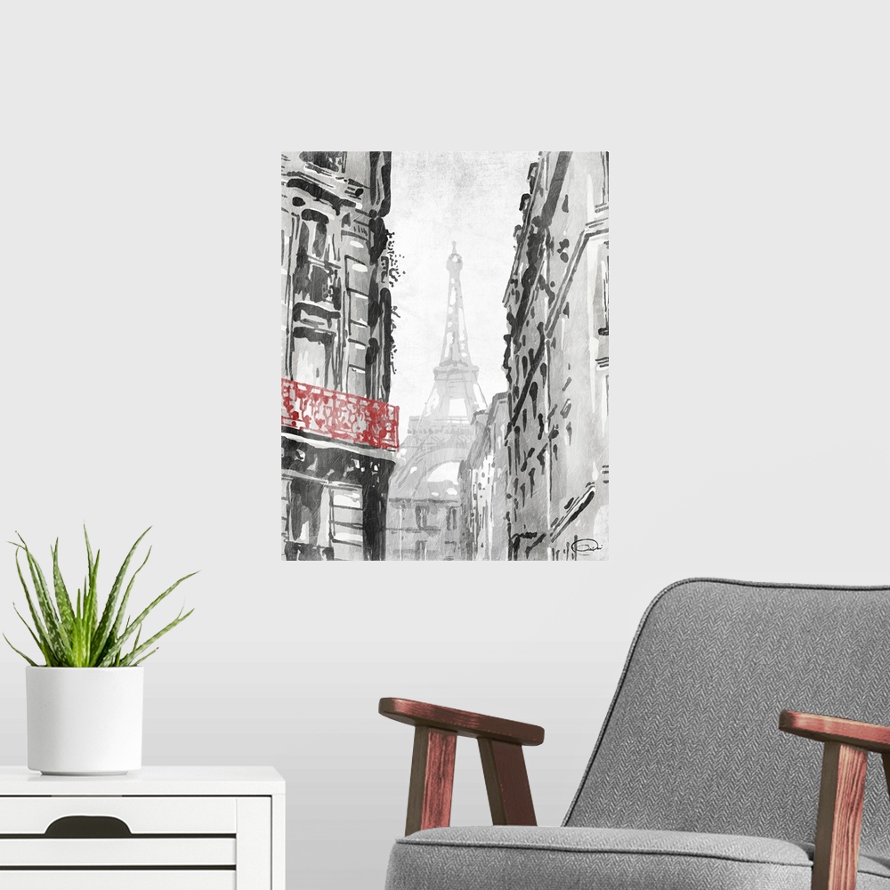 A modern room featuring Contemporary travel artwork of a view of the Eiffel Tower in Paris from a city block.