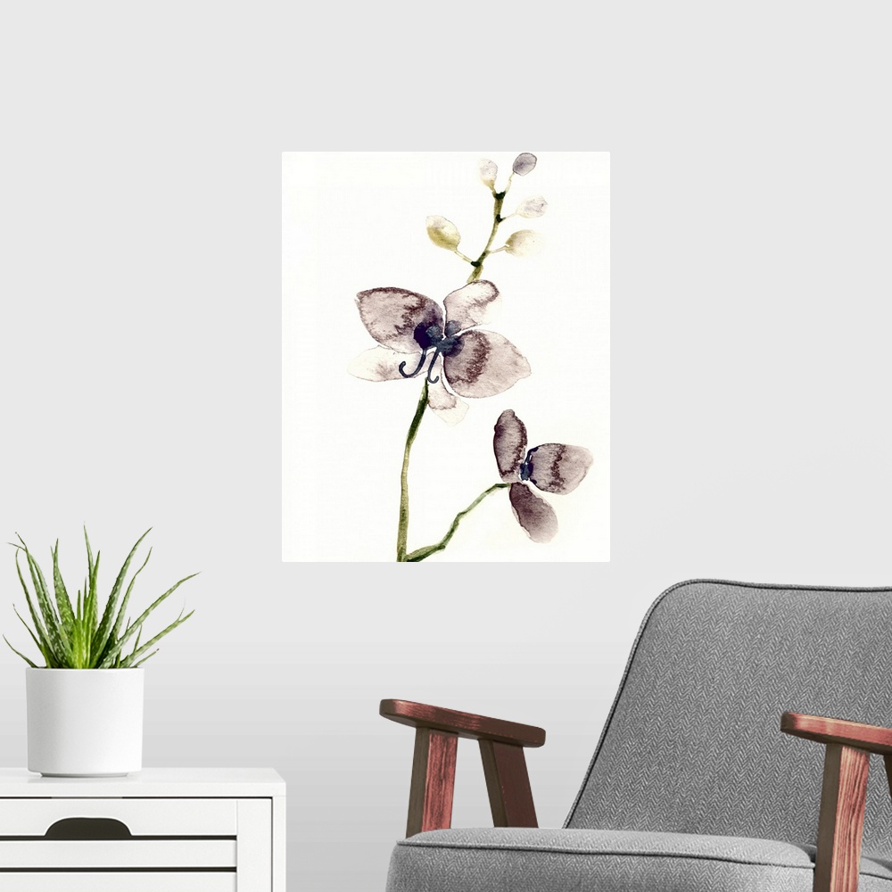 A modern room featuring Vertical watercolor painting of a two dark purple orchids on a solid cream colored background.