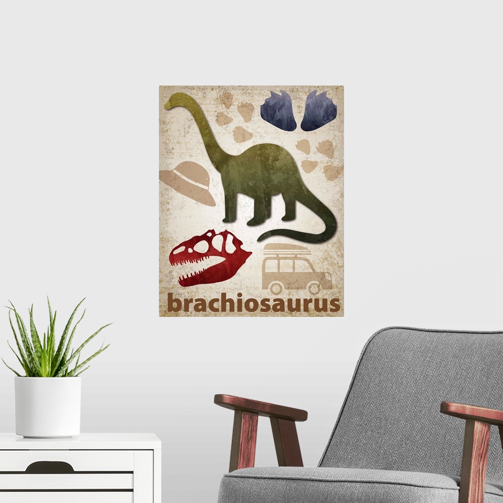 A modern room featuring Brachiosaurus artwork featuring a silhouette with footprints and a skull.