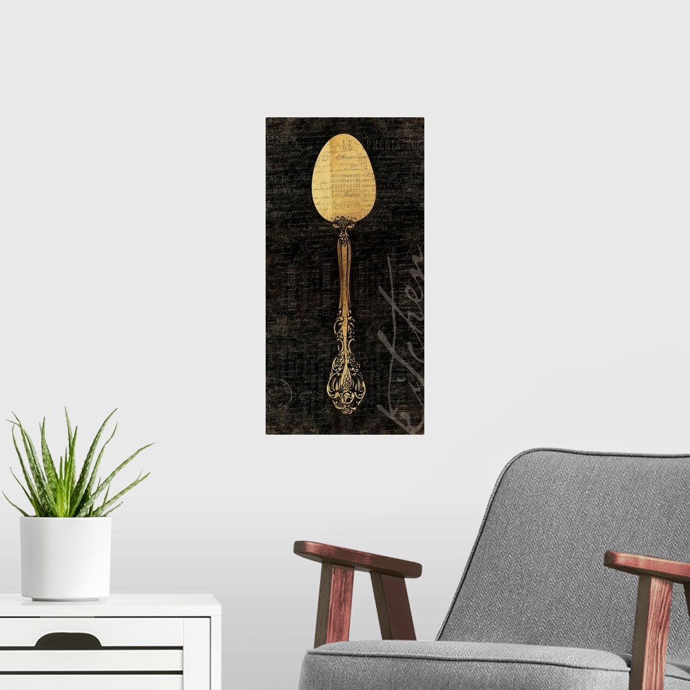 A modern room featuring artwork of decorative antique kitchen spoon against dark textured background.