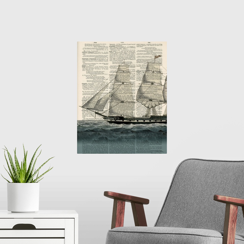 A modern room featuring Contemporary artistic use of a page from a dictionary with a ship sailing on the water on top of ...