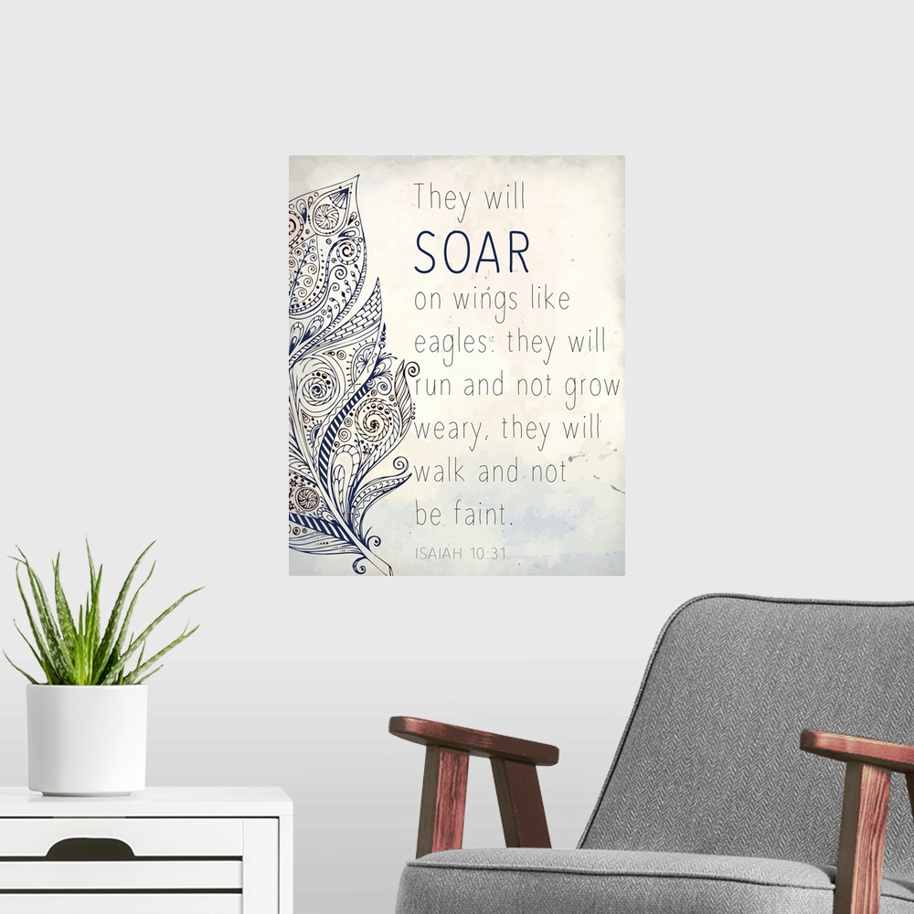 A modern room featuring Typography artwork of the Bible verse Isaiah 1:31 with a patterned feather design.
