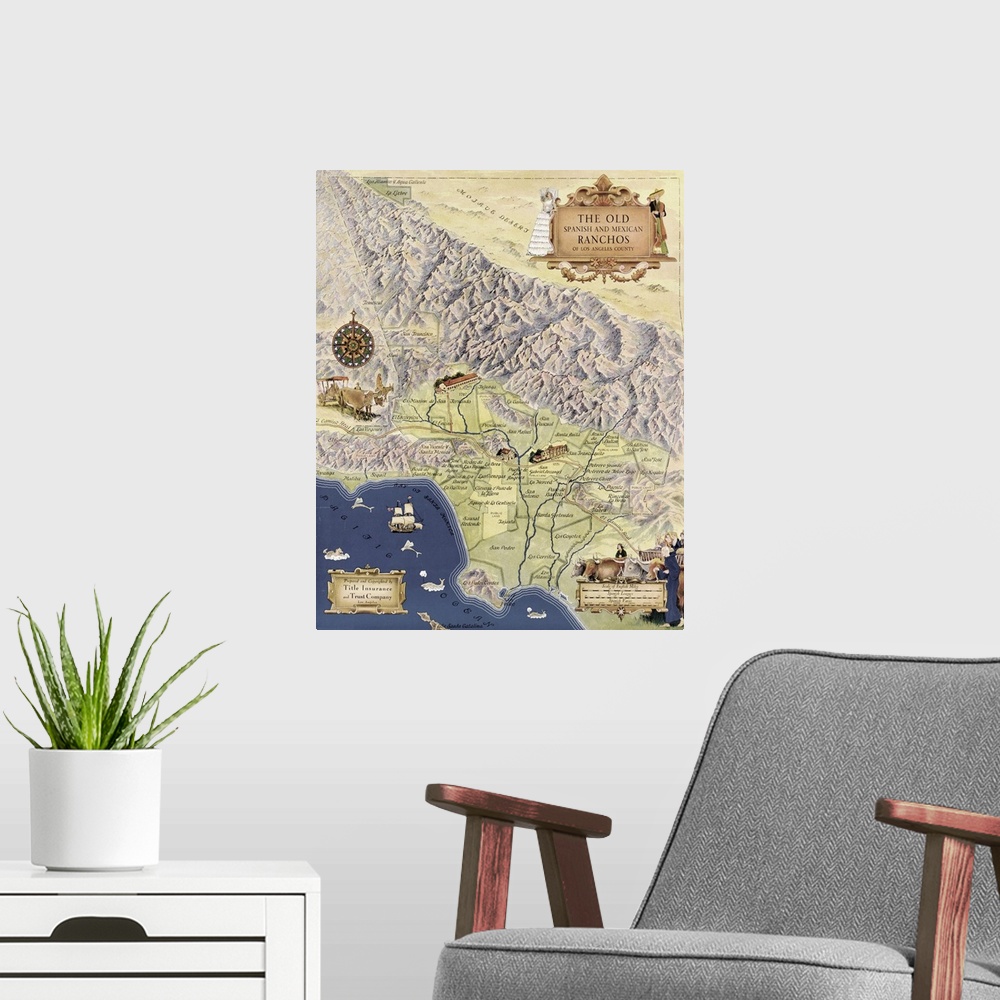 A modern room featuring Spanish Ranchos map
