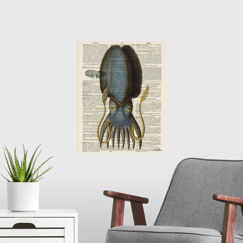 A modern room featuring Contemporary artistic use of a page from a dictionary with a scientific illustration of a squid o...