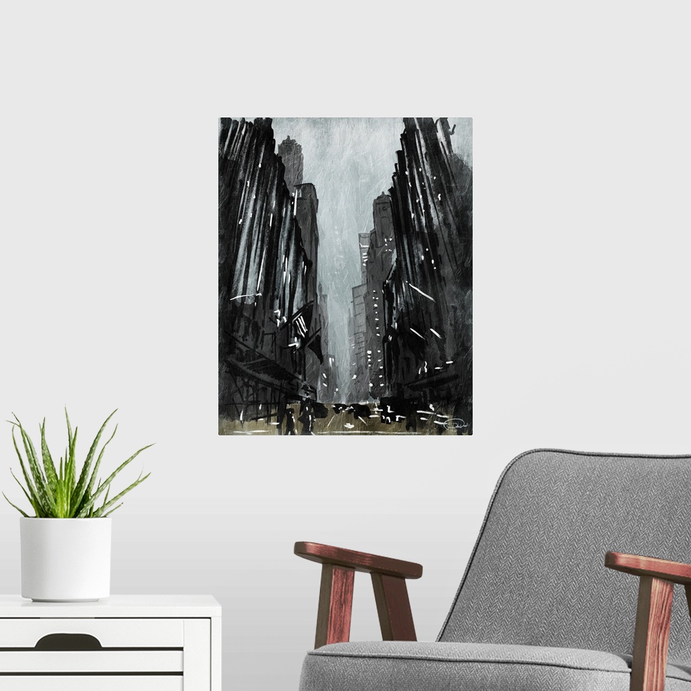 A modern room featuring A dark contemporary abstract painting of a city street view on an overcast day.