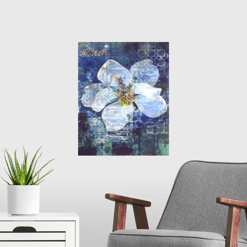 A modern room featuring A painting of a single white magnolia flower on a blue and green background with tan designs.