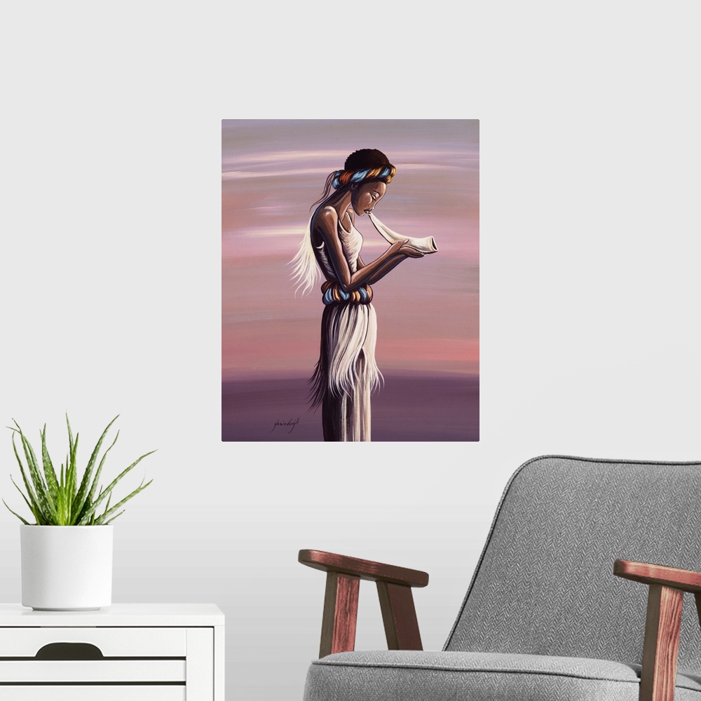 A modern room featuring Contemporary African painting of a woman blowing on a horn at dusk.