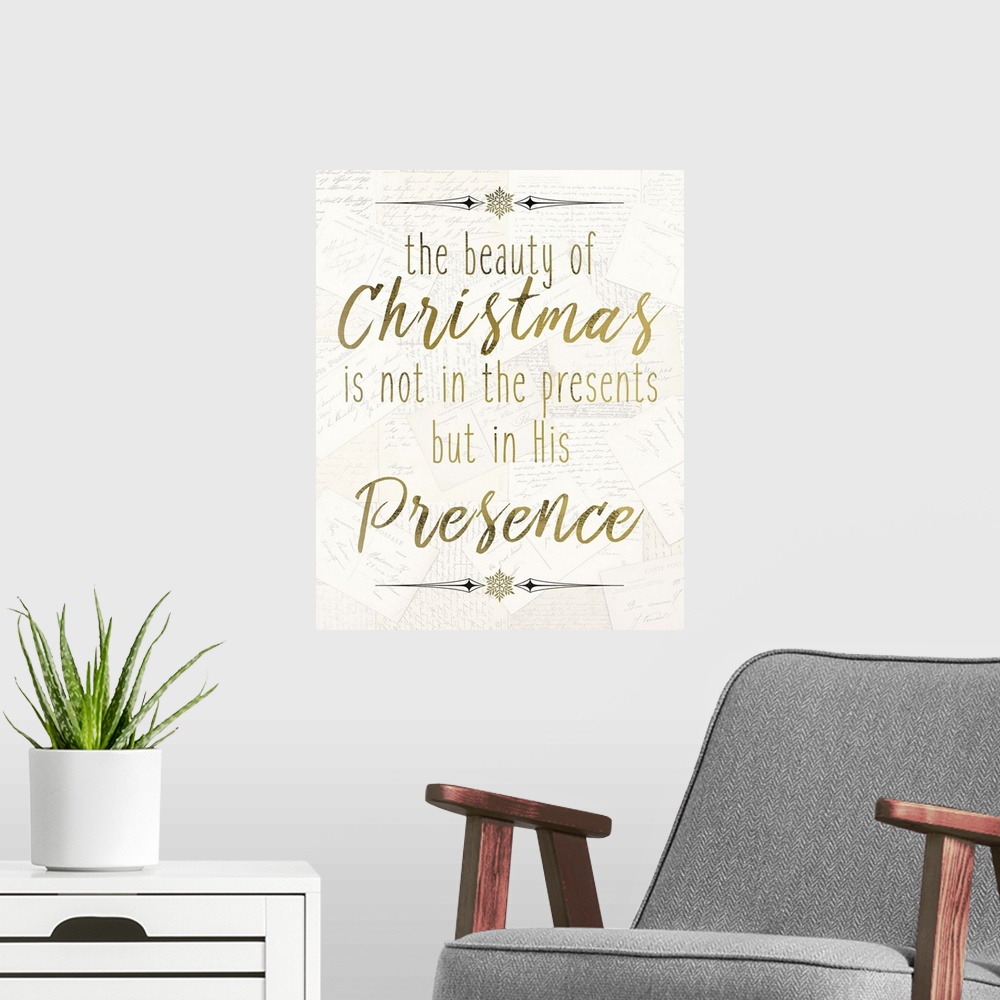 A modern room featuring Golden handlettered text celebrating Christ's birth at Christmastime.