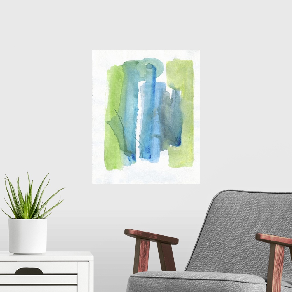 A modern room featuring Watercolor abstract artwork in shades of vivid blue and lime green.