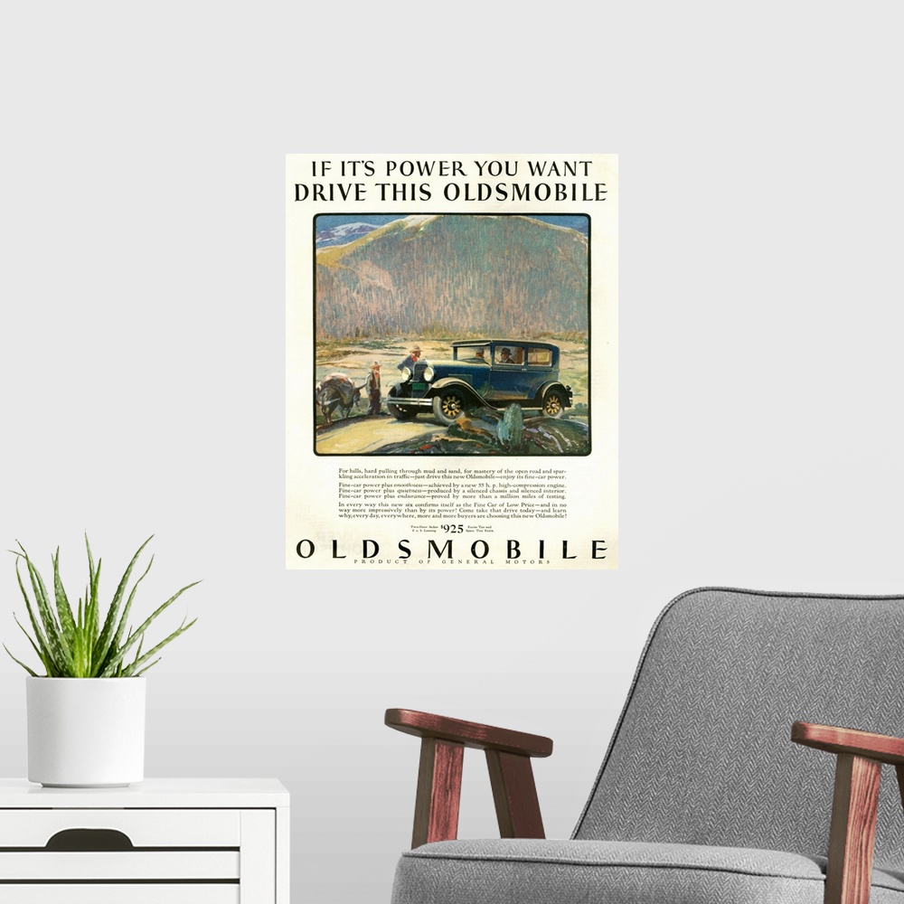 A modern room featuring 1920's USA Oldsmobile Magazine Advert