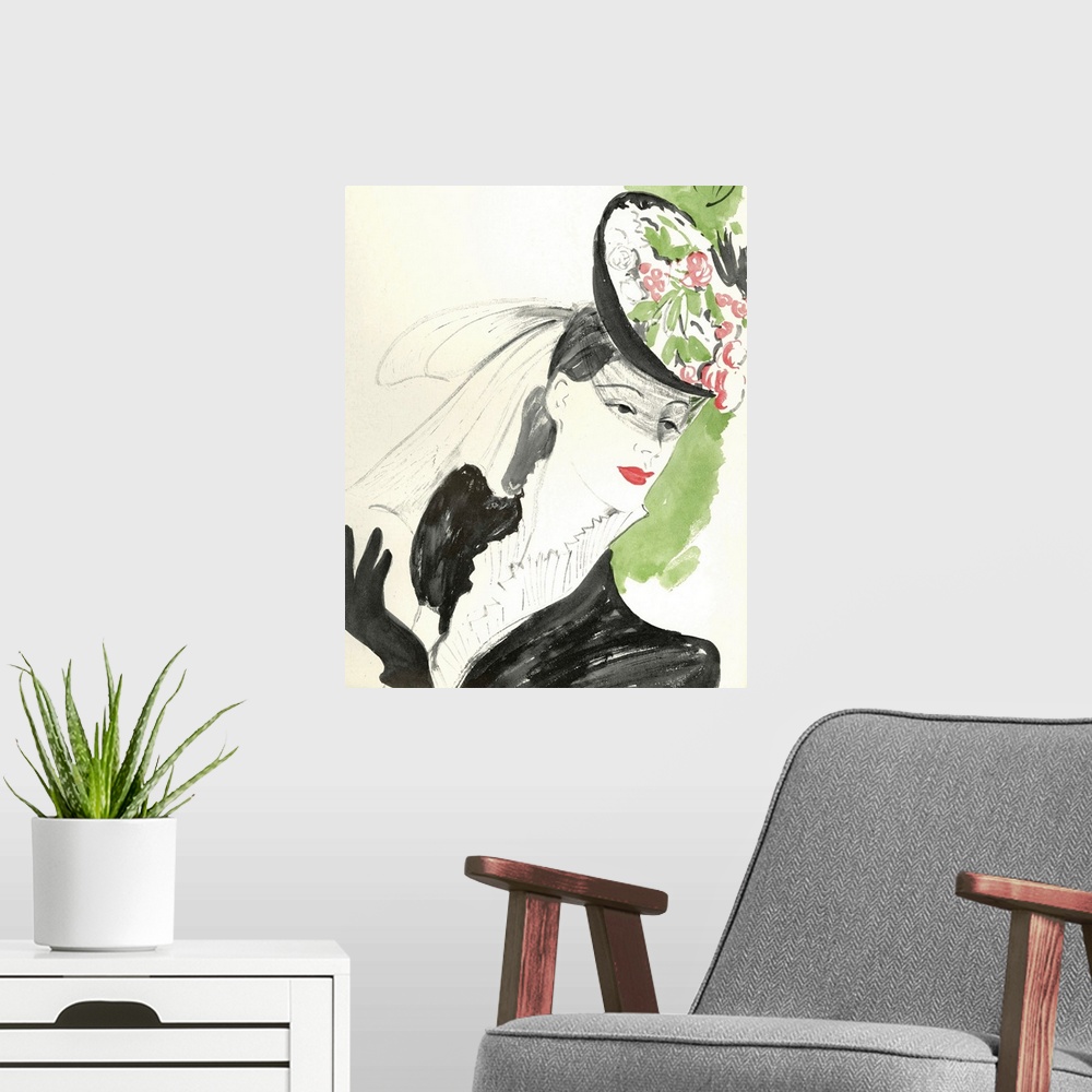 A modern room featuring Fashion Artwork Poster, Floral Hat