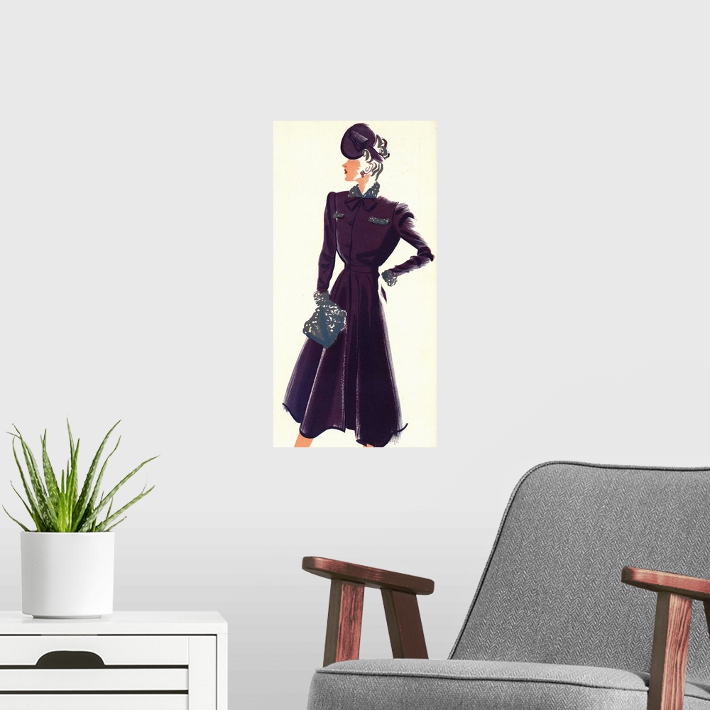 A modern room featuring Fashion Artwork Poster, Woman In Plum Dress And Hat