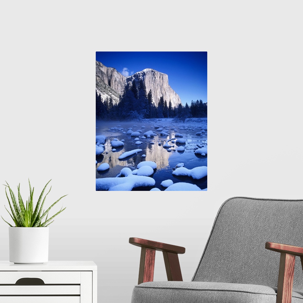 A modern room featuring California, Yosemite National Park, Snowy Landscape Of El Capitan And Merced River