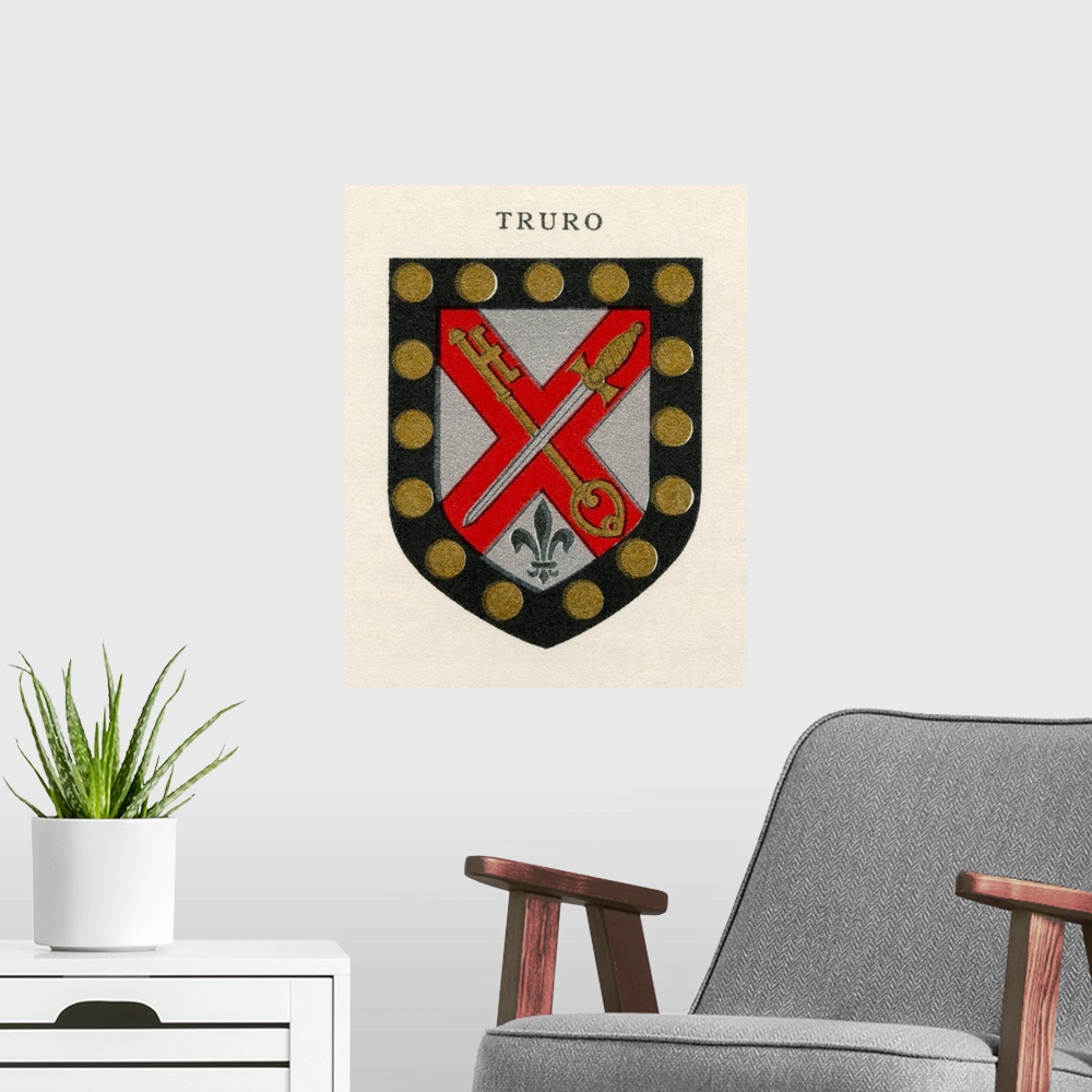 A modern room featuring Coat of arms of the Diocese of Truro.  From Cathedrals, published 1926.