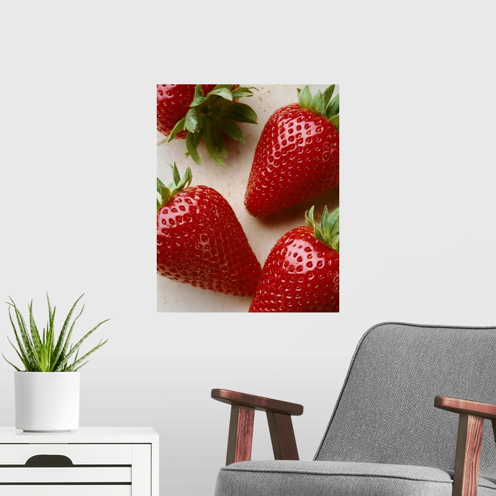 A modern room featuring Extreme closeup of ripe strawberries