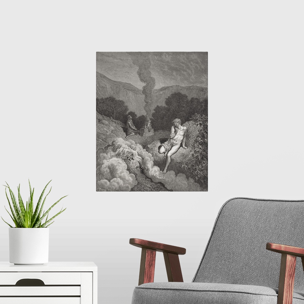 A modern room featuring Engraving From The Dore Bible Illustrating Genesis IV, 3 To 5, Cain And Abel Offering Their Sacri...