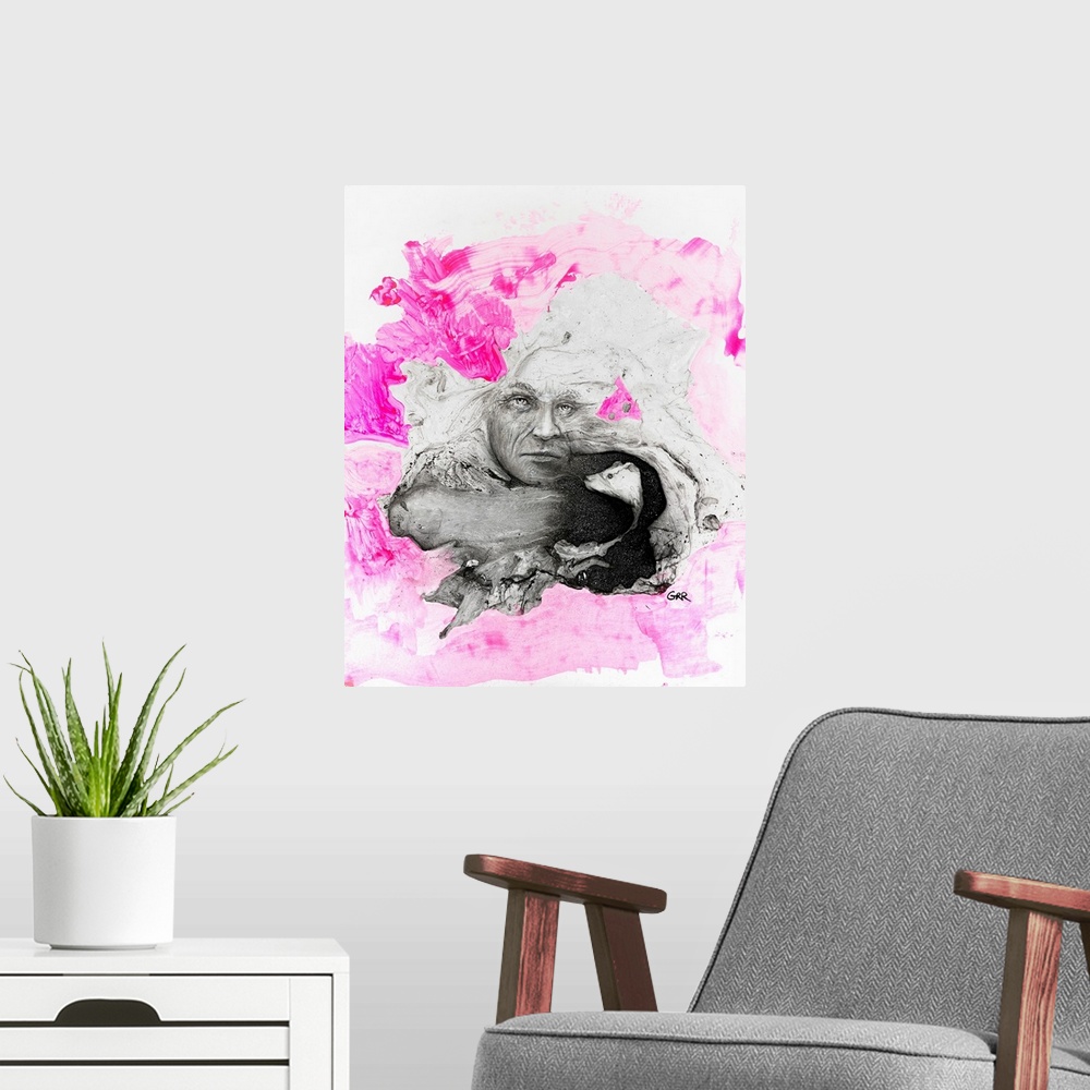 A modern room featuring Illustration of a man's face and a rat's head surrounded by pink and white brush patterns.