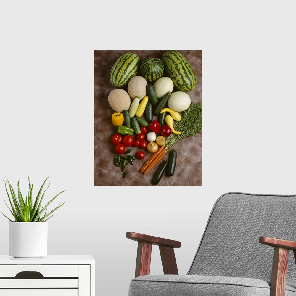 A modern room featuring Mixed vegetables and melons