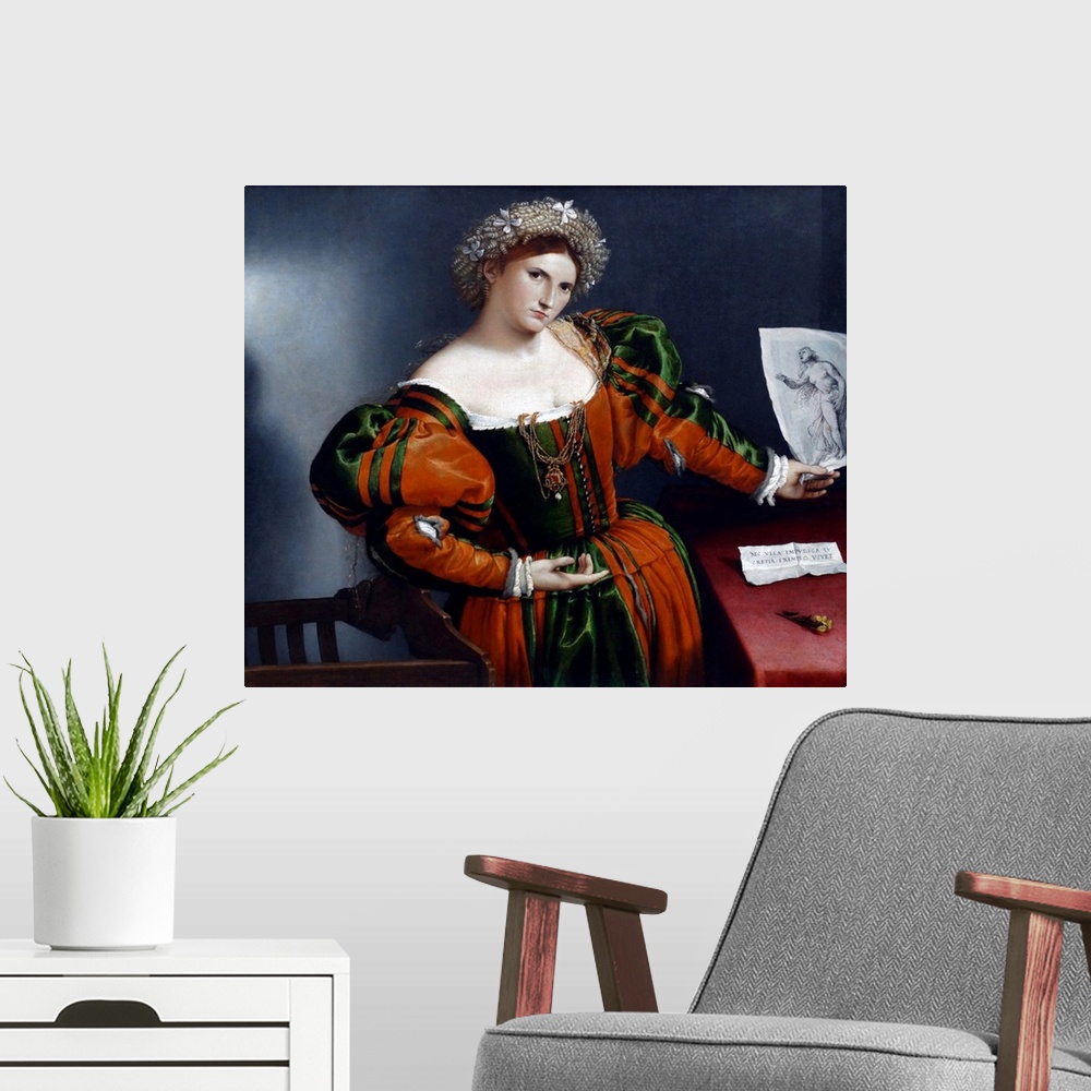 A modern room featuring Portrait of a Woman inspired by Lucretia' by Lorenzo Lotto, Italian painter, draughtsman and illu...