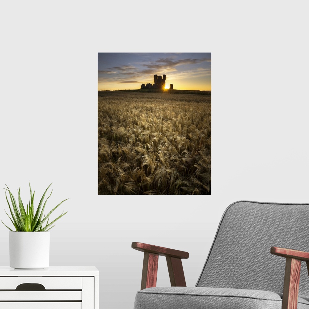 A modern room featuring Sunlight breaking through the remains of St James' church and illuminating a field of wheat.