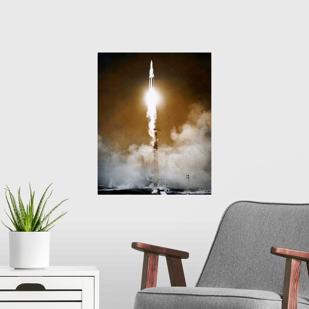 A modern room featuring Photograph taken during the launch of Saturn I, the United States first heavylift dedicated space...