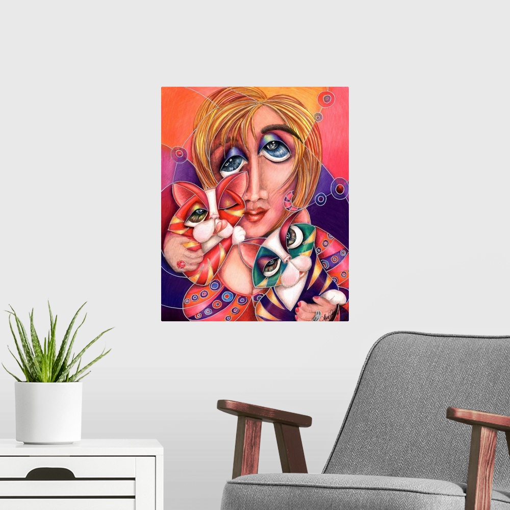 A modern room featuring Contemporary artwork in the style of cubism of a female holding two cats in bold colors.