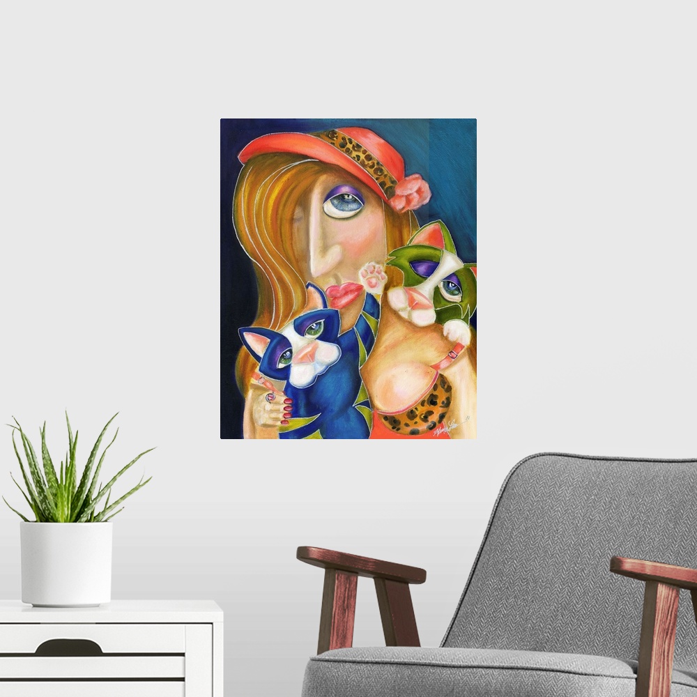 A modern room featuring Contemporary artwork in the style of cubism of a woman with two cats in bold colors.