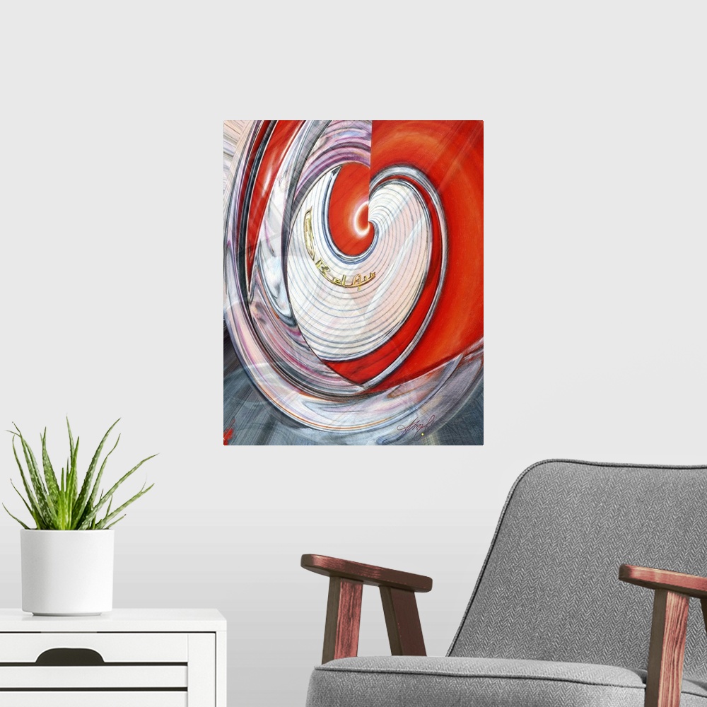 A modern room featuring Vertical abstract painting of vibrant colors in a spiral shape.