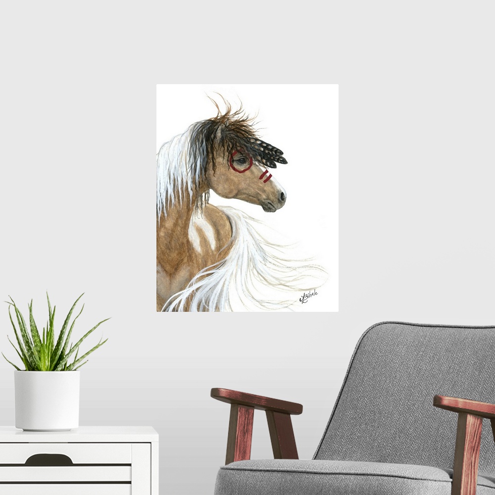 A modern room featuring Majestic Series of Native American inspired horse paintings of a Curly horse mare.