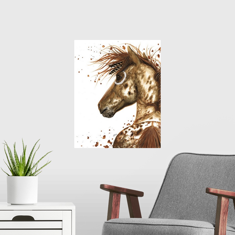 A modern room featuring Majestic Series of Native American inspired horse paintings of a speckled brown horse.
