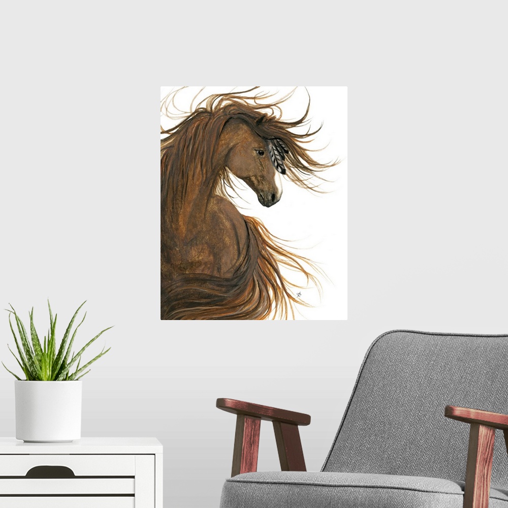 A modern room featuring Majestic Series of Native American inspired horse paintings of a Sorrel Horse.