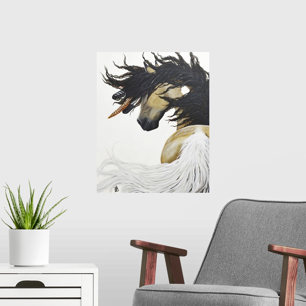 A modern room featuring Majestic Series of Native American inspired horse paintings. Tahalo is a curly stallion.