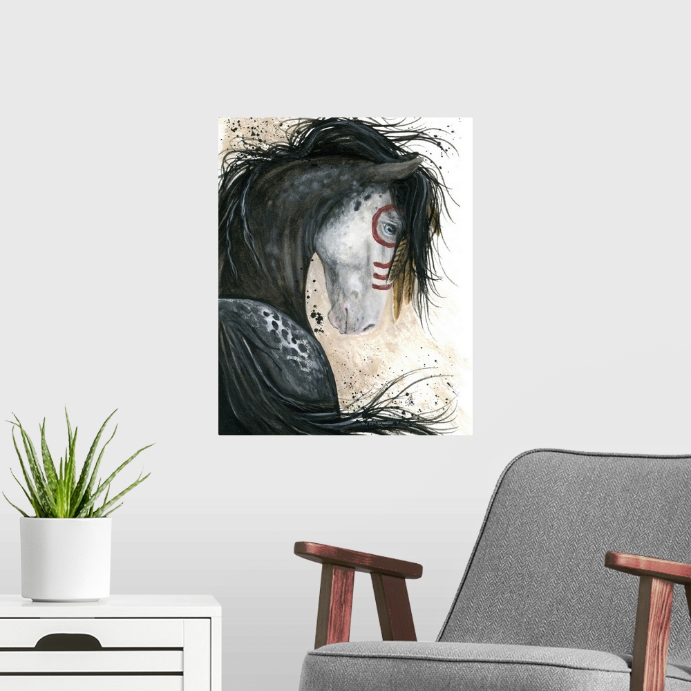 A modern room featuring Majestic Series of Native American inspired horse paintings of a Spotted Appaloosa.