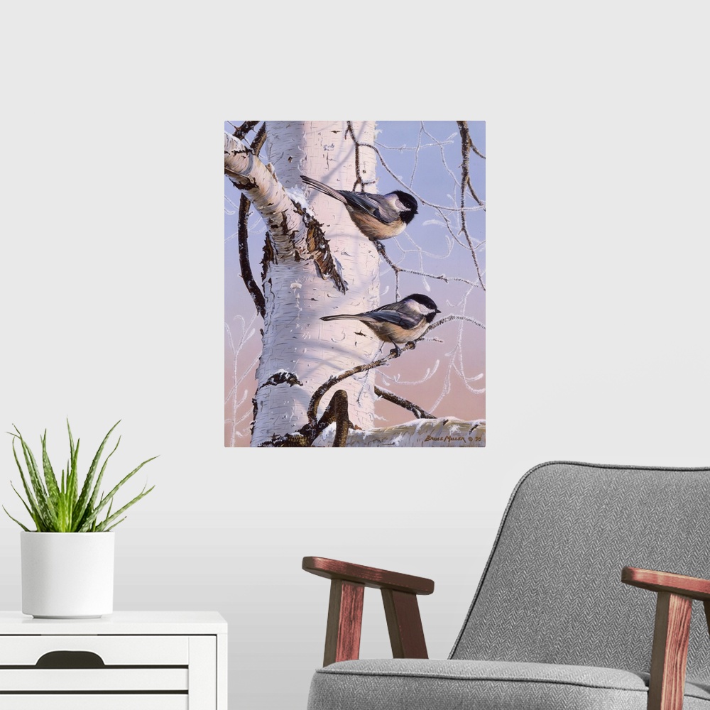 A modern room featuring Chickadees At Dawn