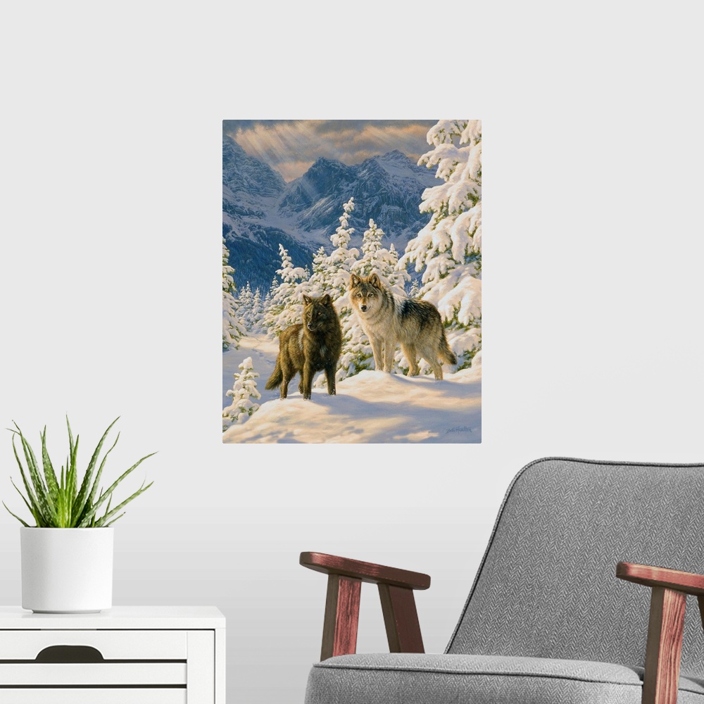 A modern room featuring Mountain Majesty - Wolves