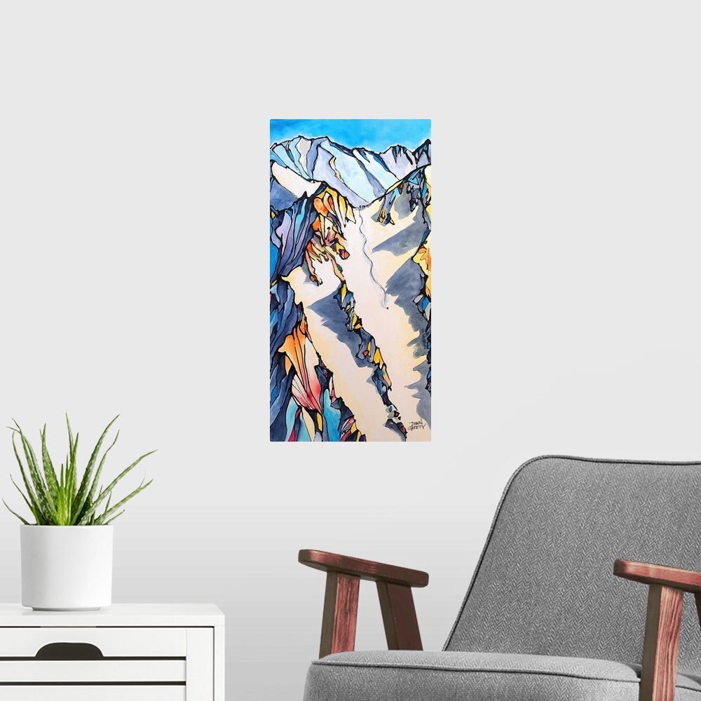 A modern room featuring A bright contemporary painting of a single skier carving down a mountain valley, with bright colo...