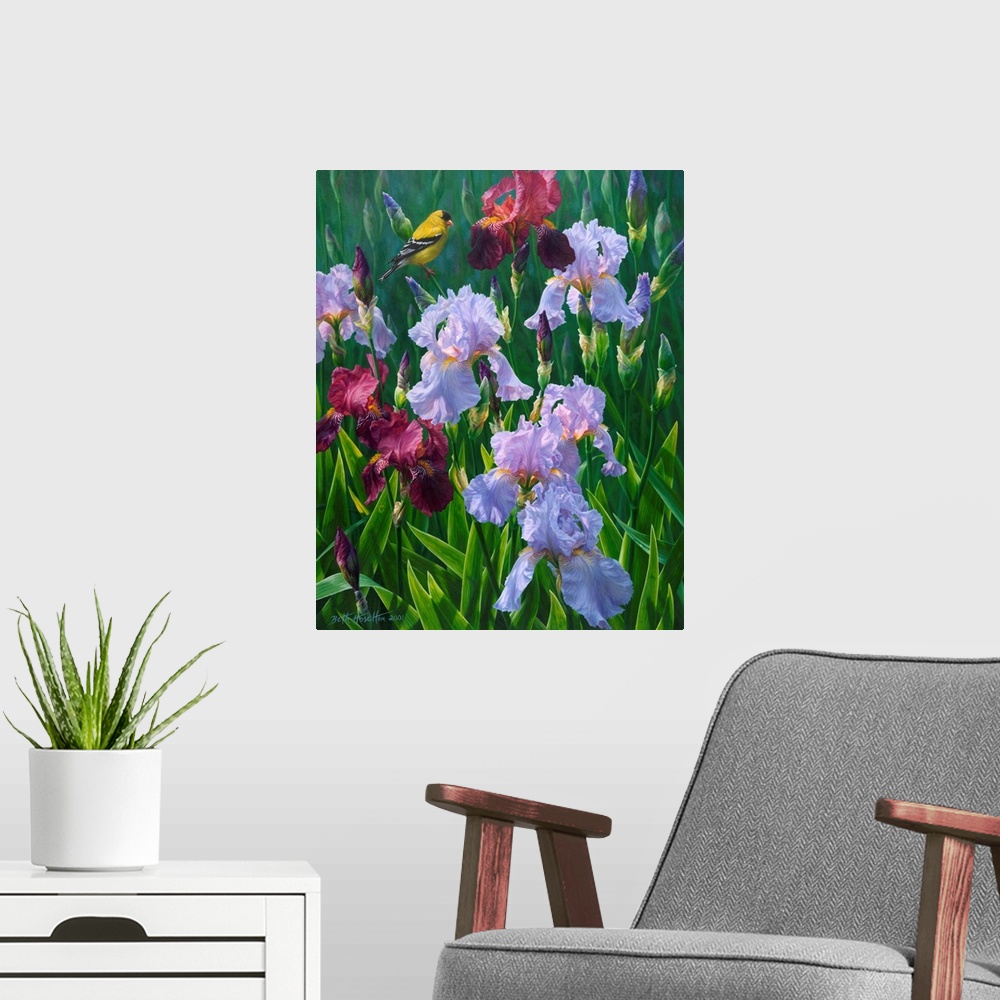 A modern room featuring Spring Glory - American Goldfinch And Irises