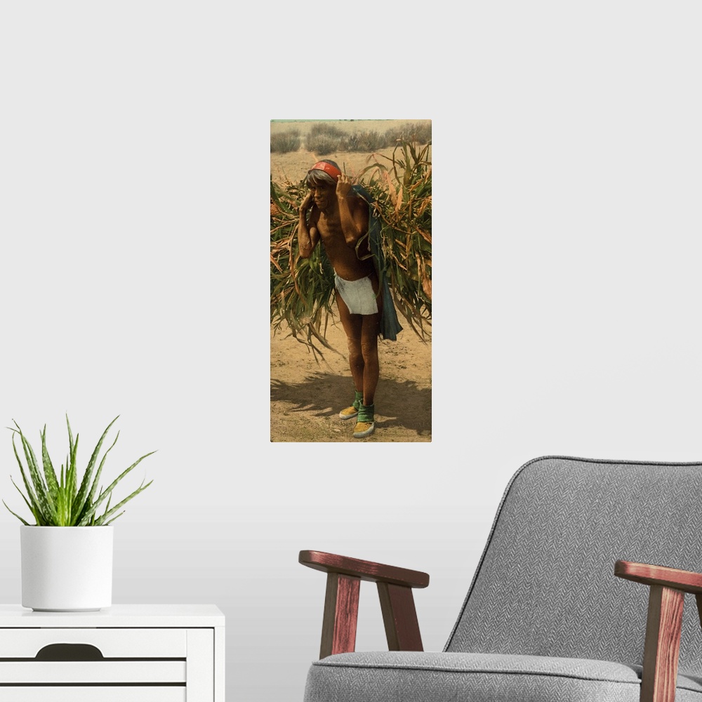 A modern room featuring Hand colored photograph of bringing in the harvest.