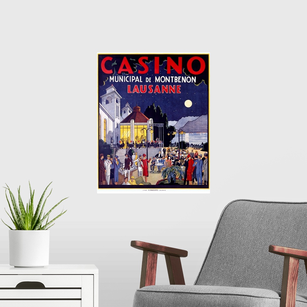 A modern room featuring Retro poster on canvas of an advertisement for a casino with a bunch of nicely dressed people sta...