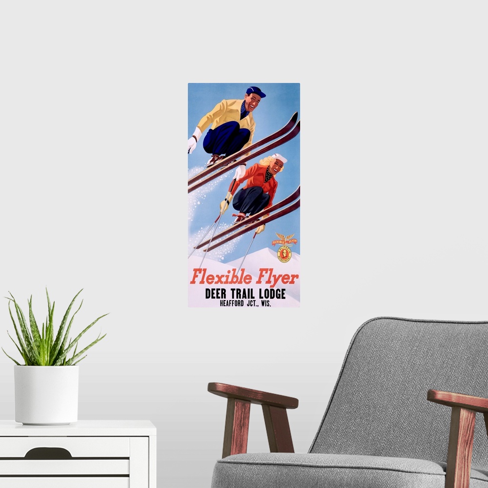 A modern room featuring Old poster print advertising ski lodge.  Two skiers are in mid air over snow with the text "Deer ...