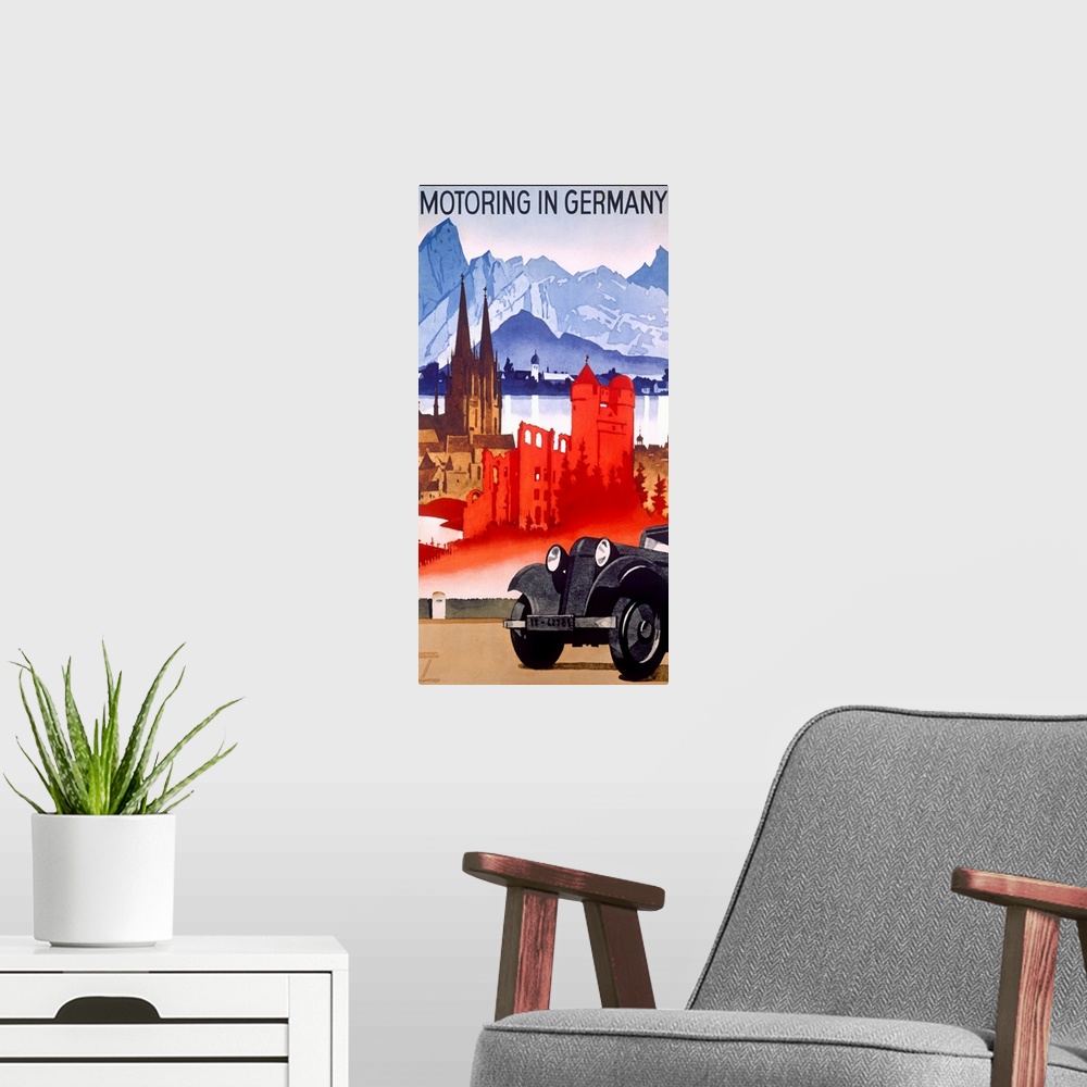 A modern room featuring Vintage car advertisement poster for German cars with the front of a car parked on the road and f...